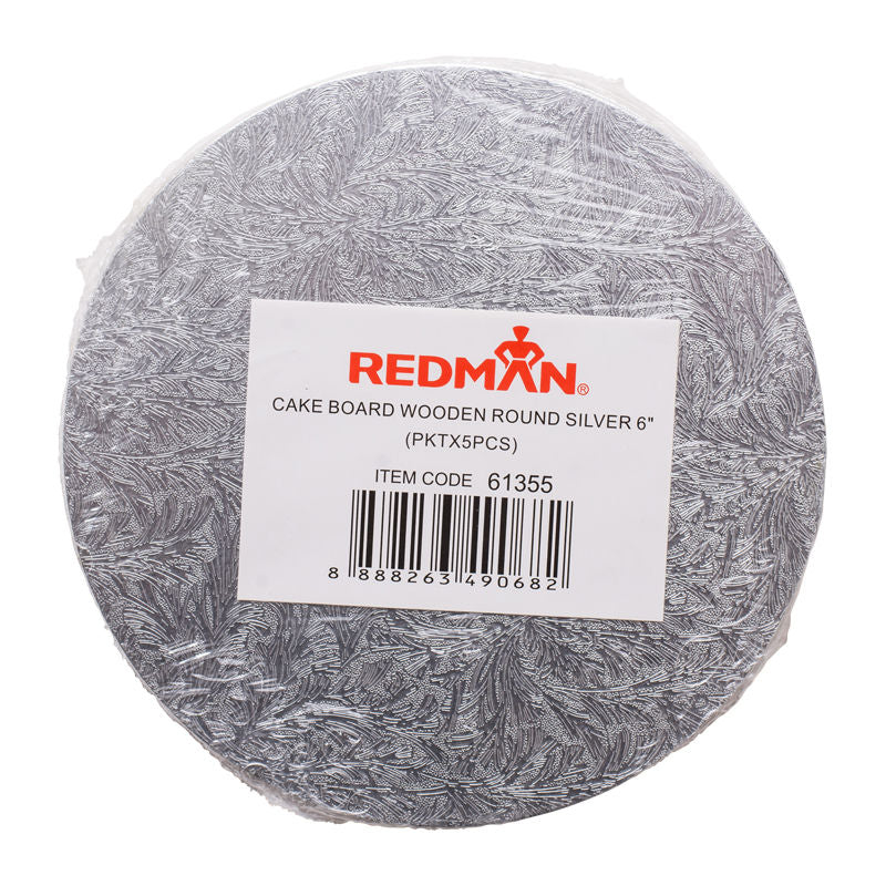 WOODEN CAKEBOARD RD SILVER 6" 5PCS (#61355)