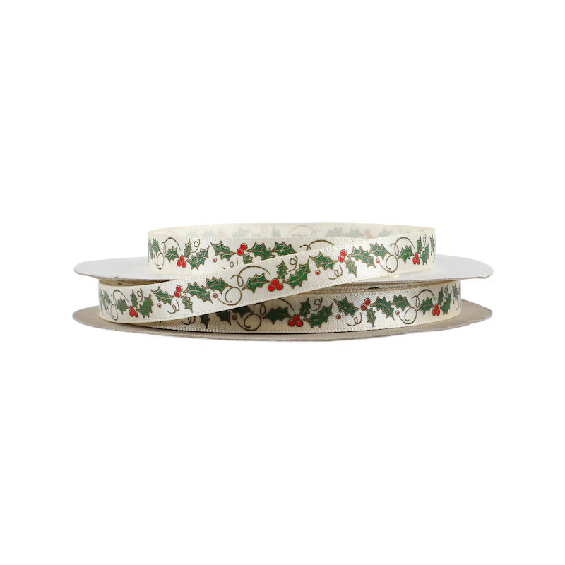 RIBBON BEIGE XMAS LEAVE 9MMX25M (#65379)